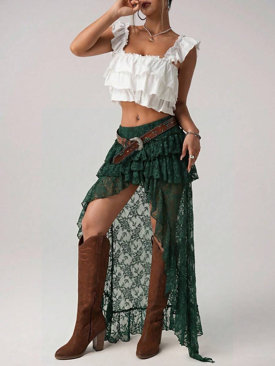 Women's lace tiered asymmetrical maxi skirt featuring a low waist and high slit thigh design.