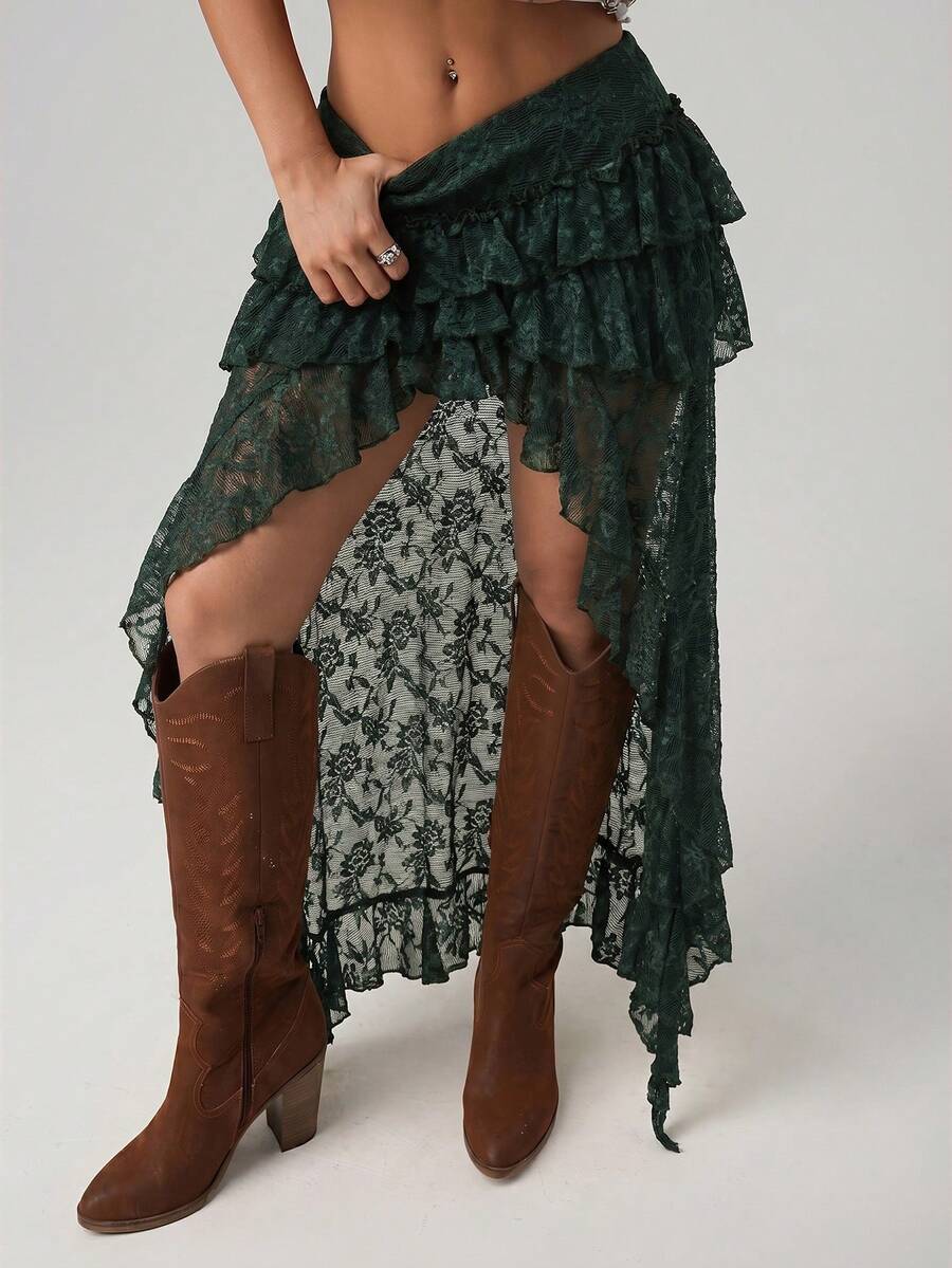 Women's lace tiered asymmetrical maxi skirt featuring a low waist and high slit thigh design.