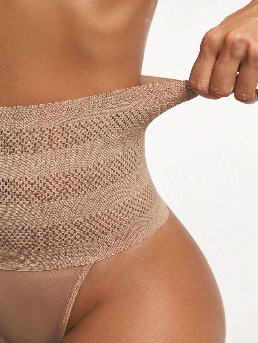 Women's apricot super high waist body shaping briefs featuring ultra light waist support and geometric pattern.