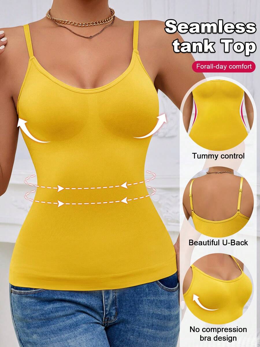 Black rib-knit slimming camisole tank top for women featuring adjustable straps and waist shaping fit.