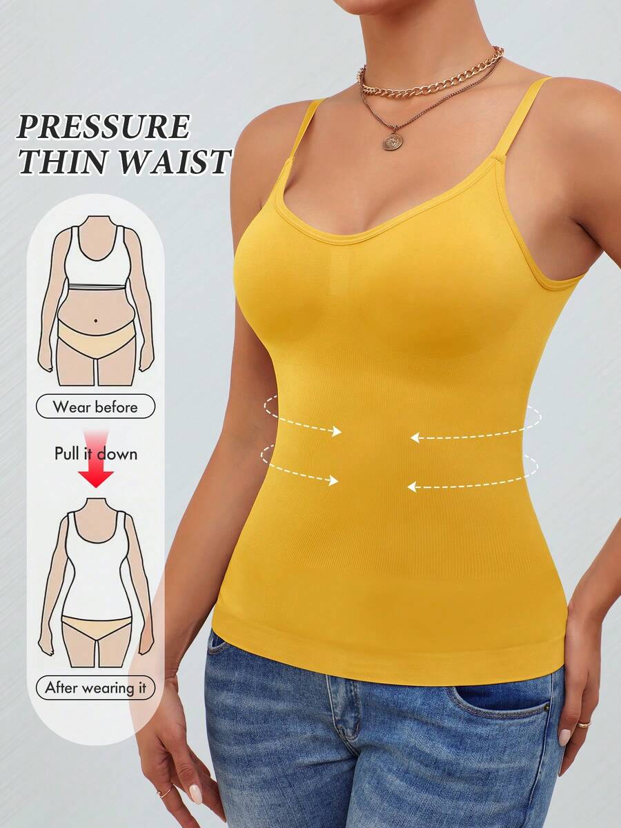 Black rib-knit slimming camisole tank top for women featuring adjustable straps and waist shaping fit.