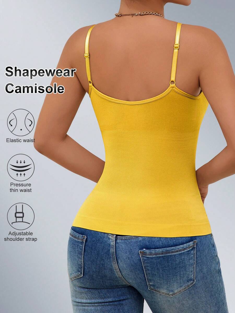 Black rib-knit slimming camisole tank top for women featuring adjustable straps and waist shaping fit.