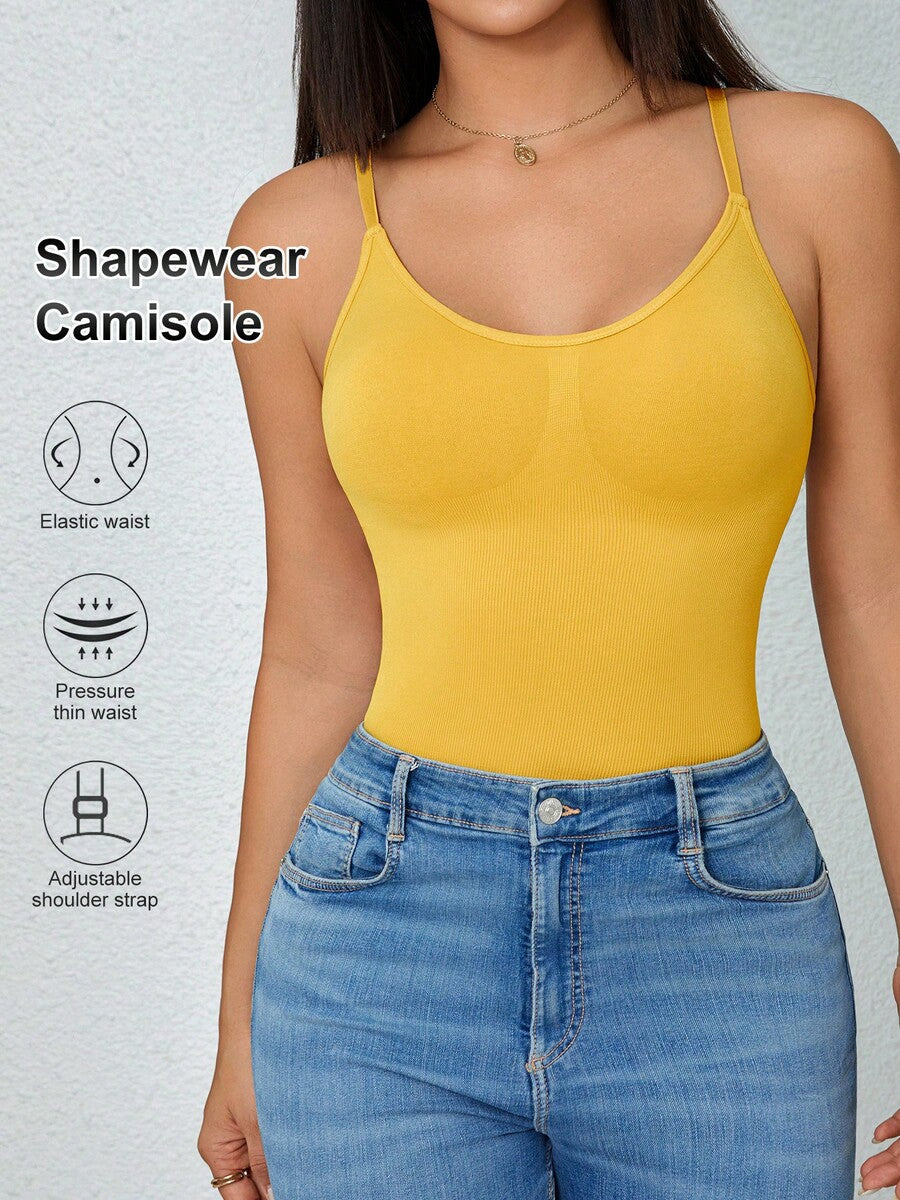 Black rib-knit slimming camisole tank top for women featuring adjustable straps and waist shaping fit.