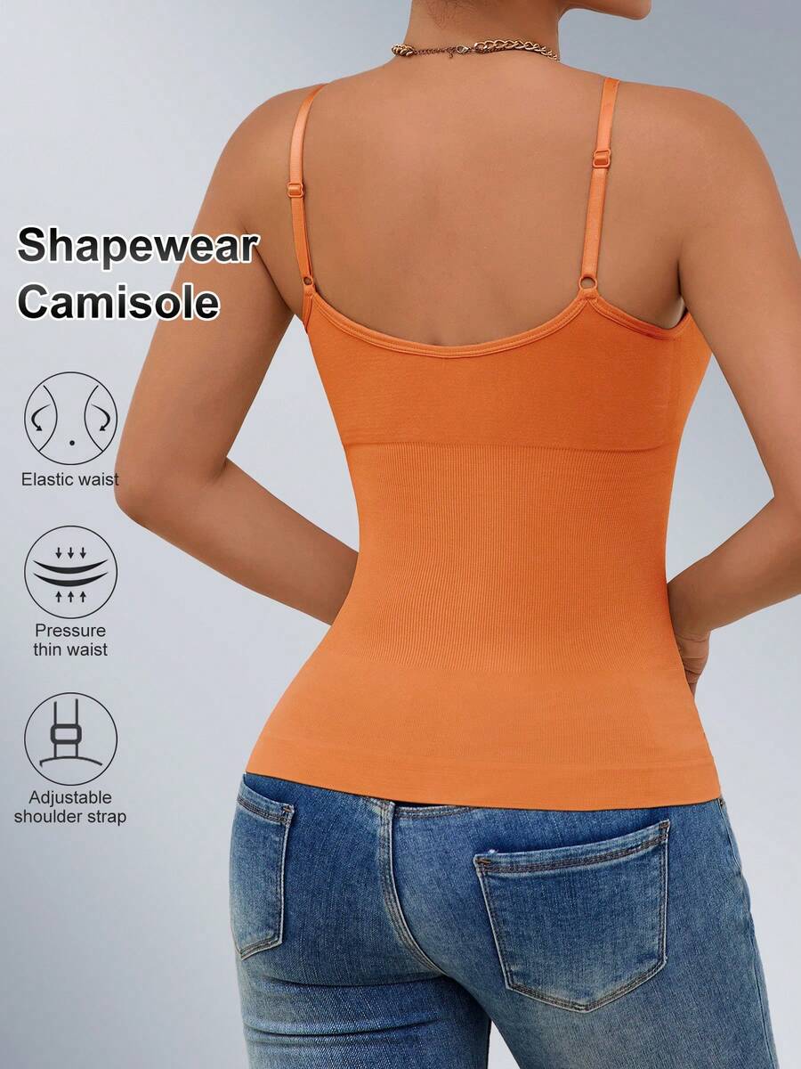 Black rib-knit slimming camisole tank top for women featuring adjustable straps and waist shaping fit.