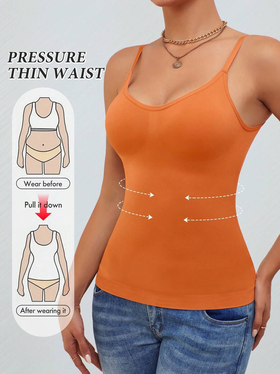 Black rib-knit slimming camisole tank top for women featuring adjustable straps and waist shaping fit.