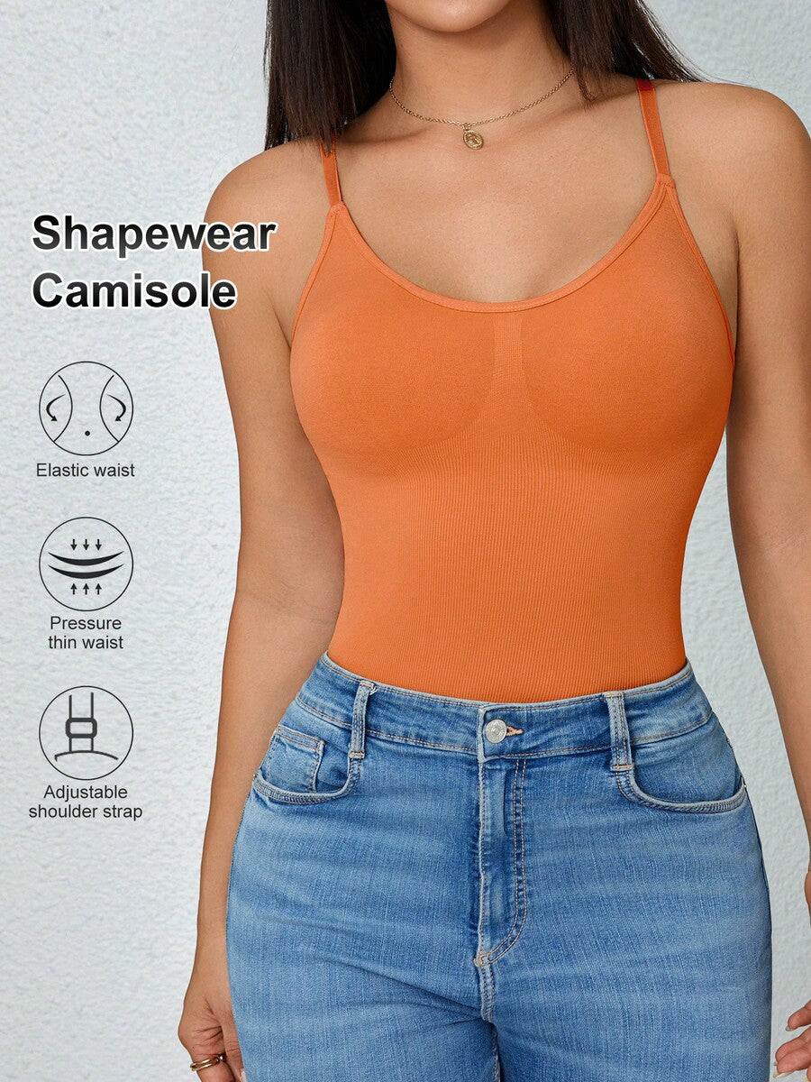 Black rib-knit slimming camisole tank top for women featuring adjustable straps and waist shaping fit.