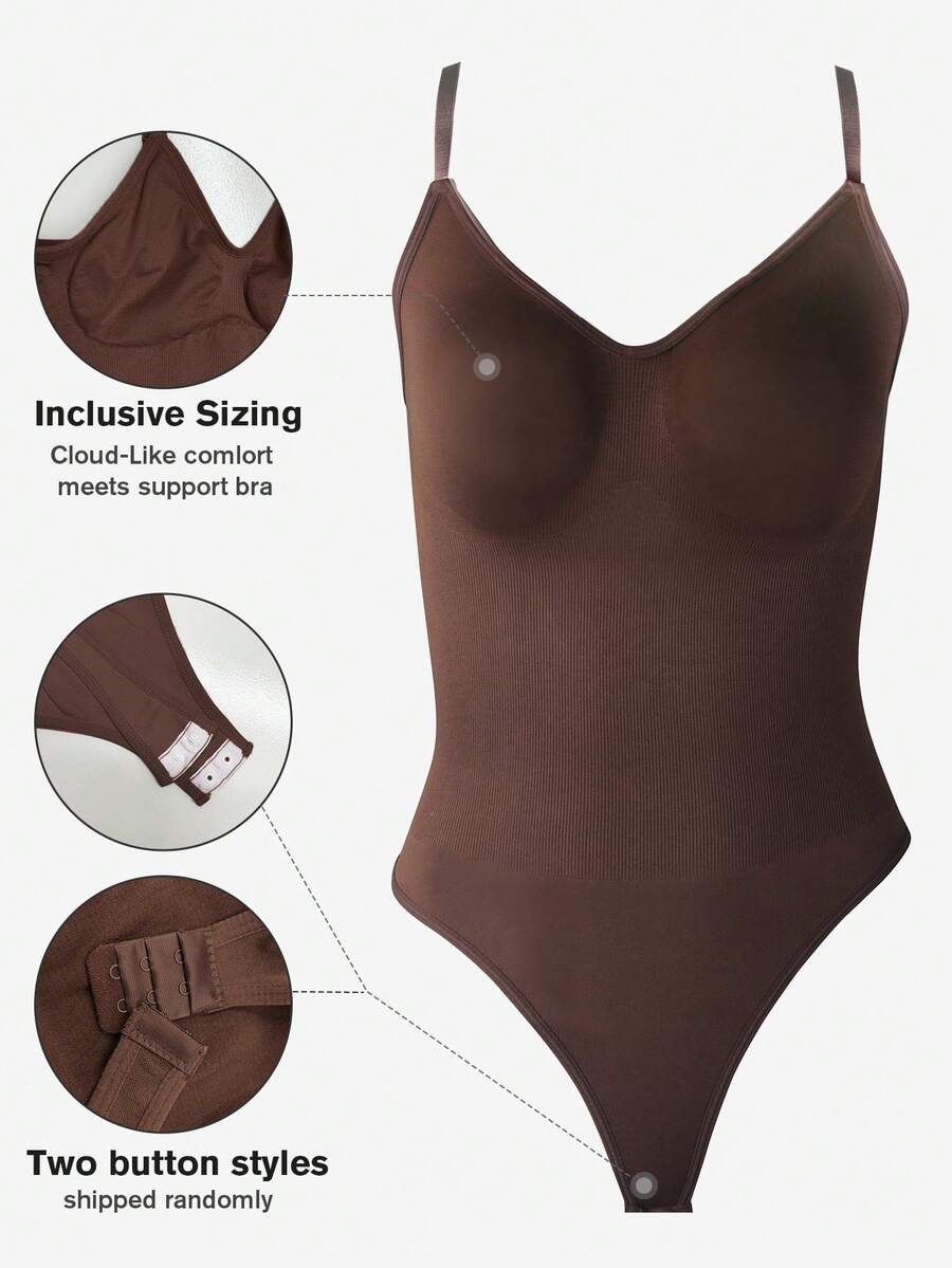Brown seamless backless shaping bodysuit for women featuring a thong bottom and non-removable padding.