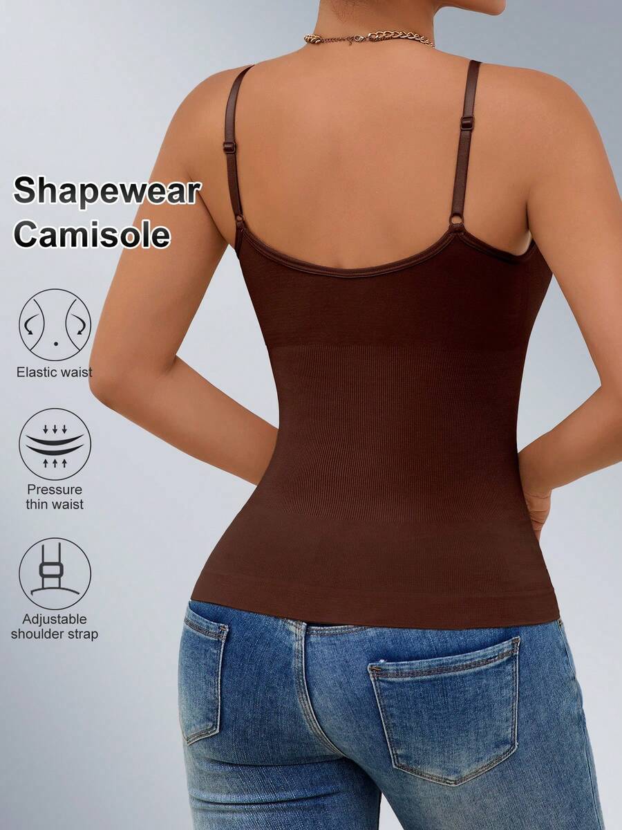 Black rib-knit slimming camisole tank top for women featuring adjustable straps and waist shaping fit.