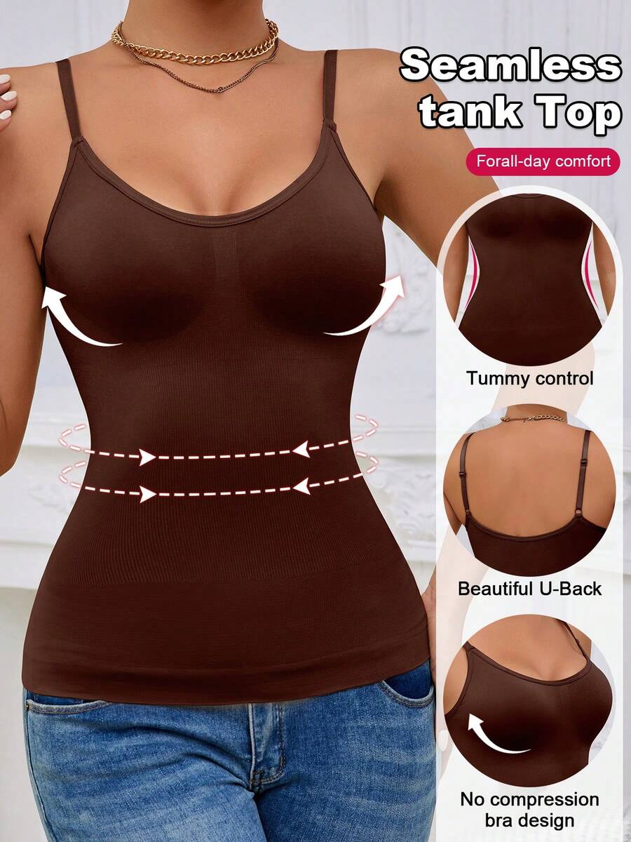 Black rib-knit slimming camisole tank top for women featuring adjustable straps and waist shaping fit.