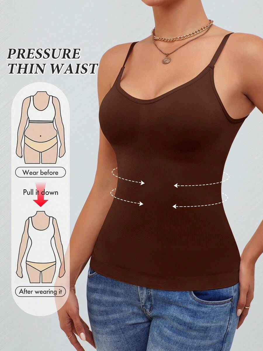 Black rib-knit slimming camisole tank top for women featuring adjustable straps and waist shaping fit.