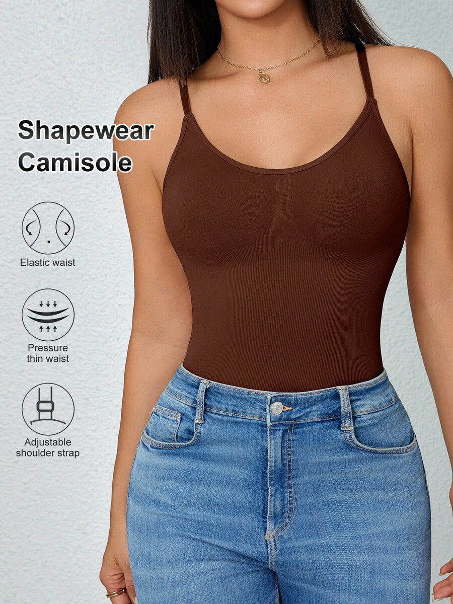 Black rib-knit slimming camisole tank top for women featuring adjustable straps and waist shaping fit.
