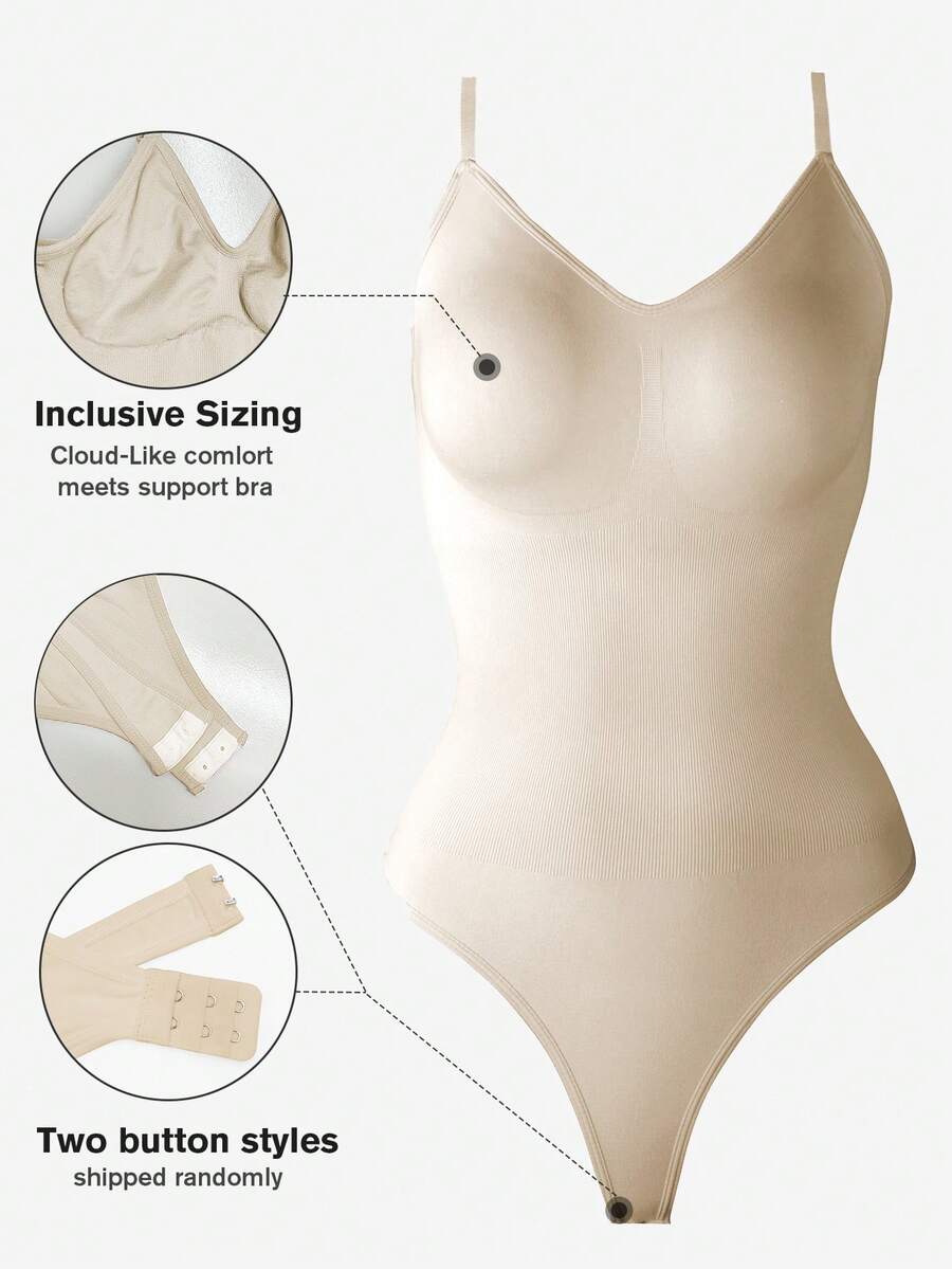 Women's seamless backless shaping bodysuit with thong bottom, high stretch knitted fabric, and built-in padding.