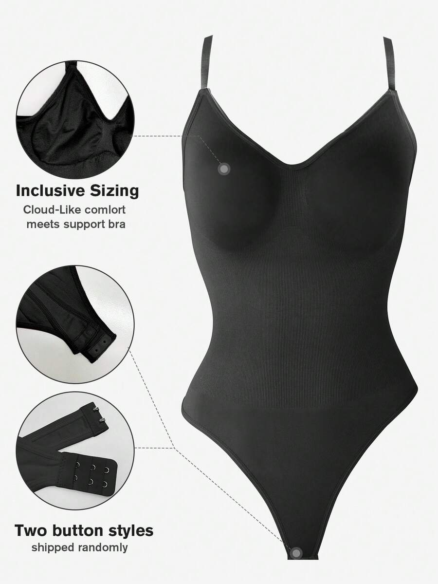 Women's seamless backless shaping bodysuit with thong bottom, high stretch knitted fabric, and built-in padding.