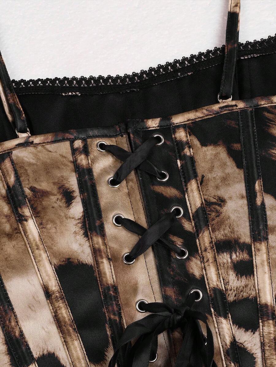 Women's brown leopard print corset top featuring spaghetti straps, boning structure, asymmetrical cropped hem, and lace-up backless detail.
