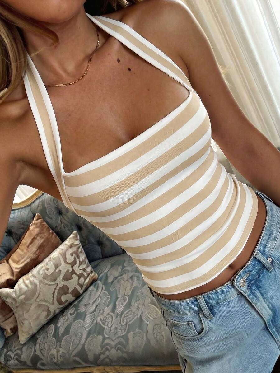 Women's striped halter camisole top featuring a backless design in knitted fabric