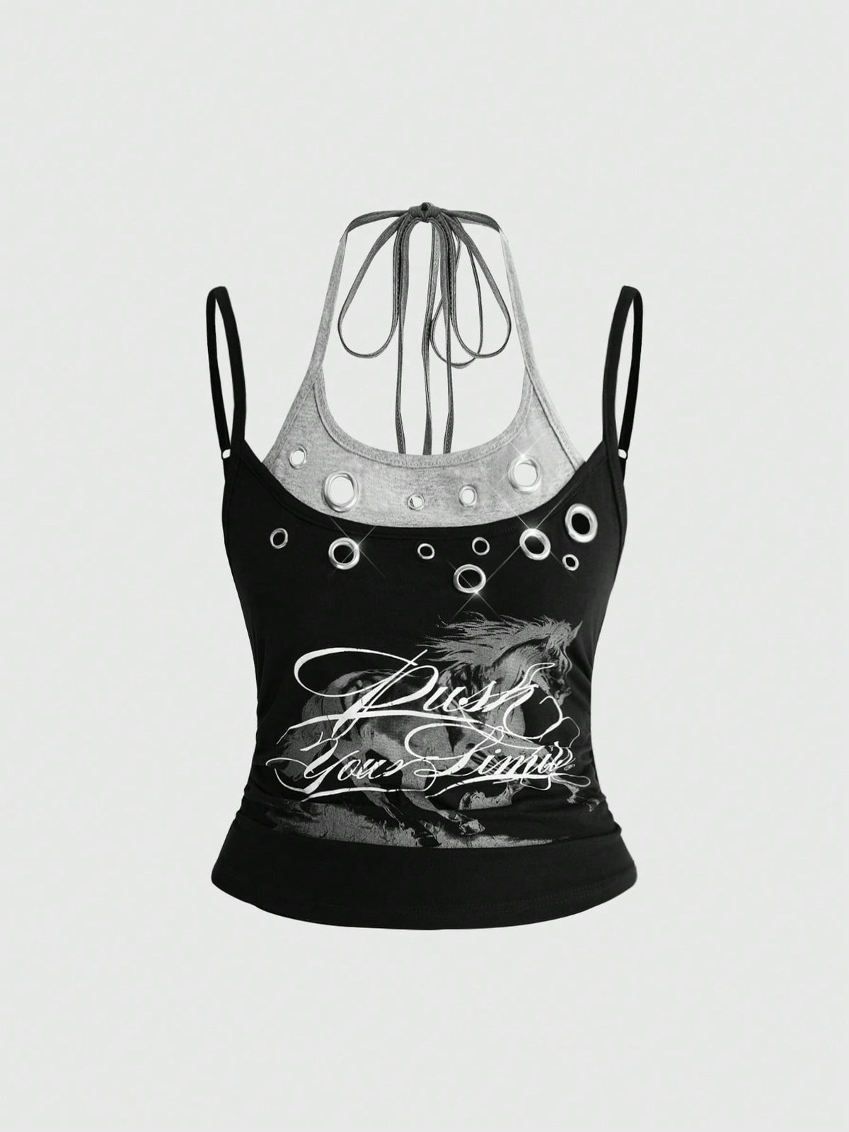 Black halter crop tank top featuring lace-up front details, ruched texture, eye appliques, and matching detached arm sleeves.