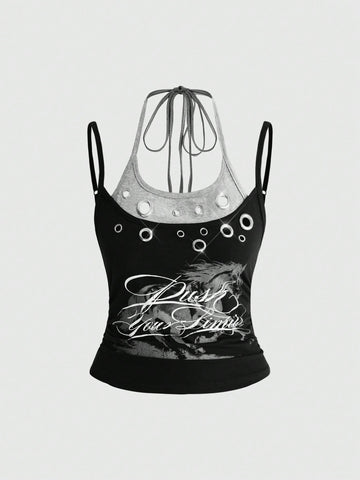 Black halter crop tank top featuring lace-up front details, ruched texture, eye appliques, and matching detached arm sleeves.
