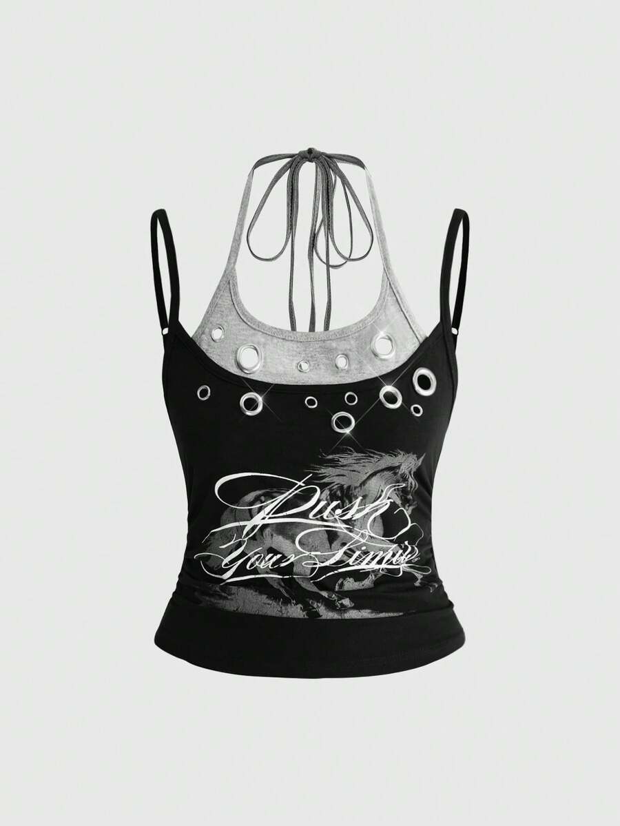 Black halter crop tank top featuring lace-up front details, ruched texture, eye appliques, and matching detached arm sleeves.