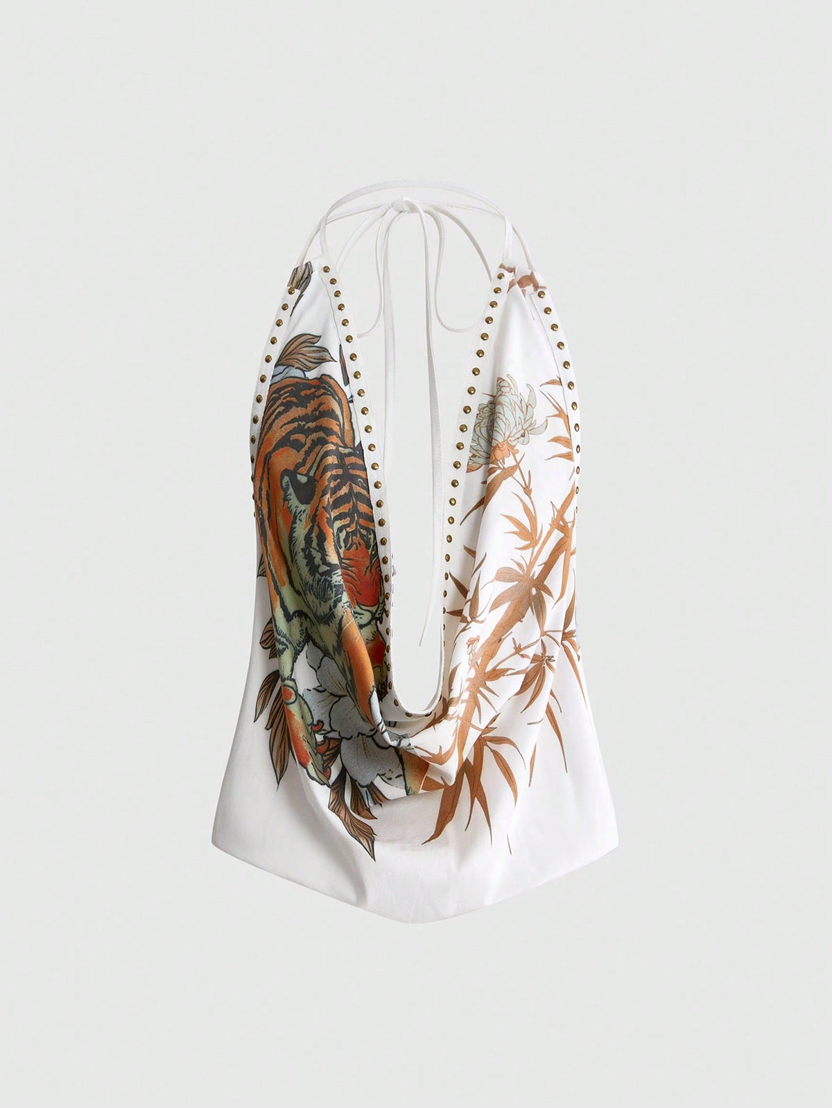 Front view of women's black halter tank top featuring graphic print, rhinestone embellishments, and a backless tie-back design.