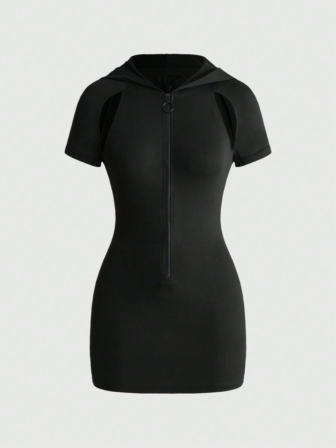 Front and back view of a black hooded goth mini dress for women featuring bodycon slim fit, backless cut-out details, and short raglan sleeves.