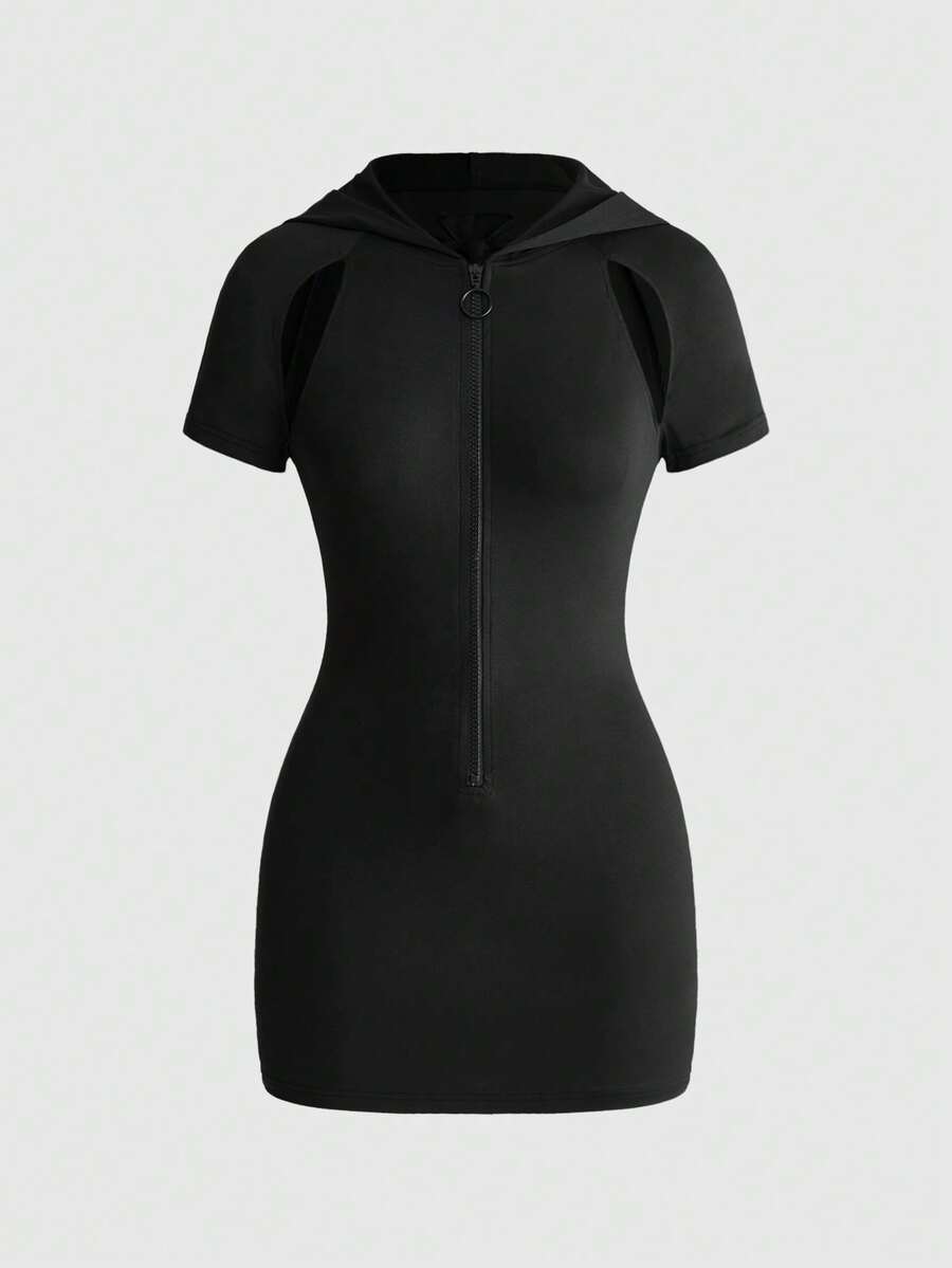 Front and back view of a black hooded goth mini dress for women featuring bodycon slim fit, backless cut-out details, and short raglan sleeves.