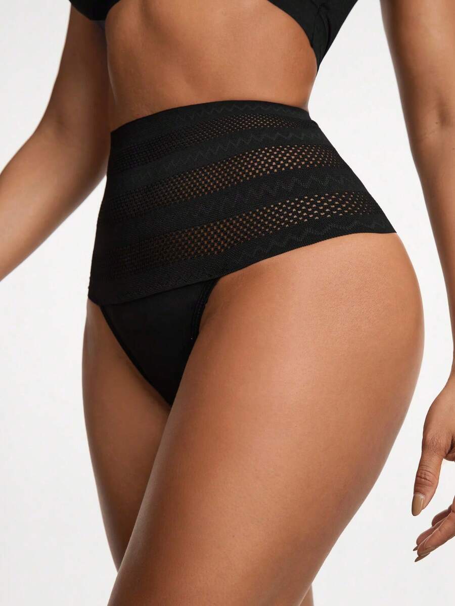 Women's apricot super high waist body shaping briefs featuring ultra light waist support and geometric pattern.
