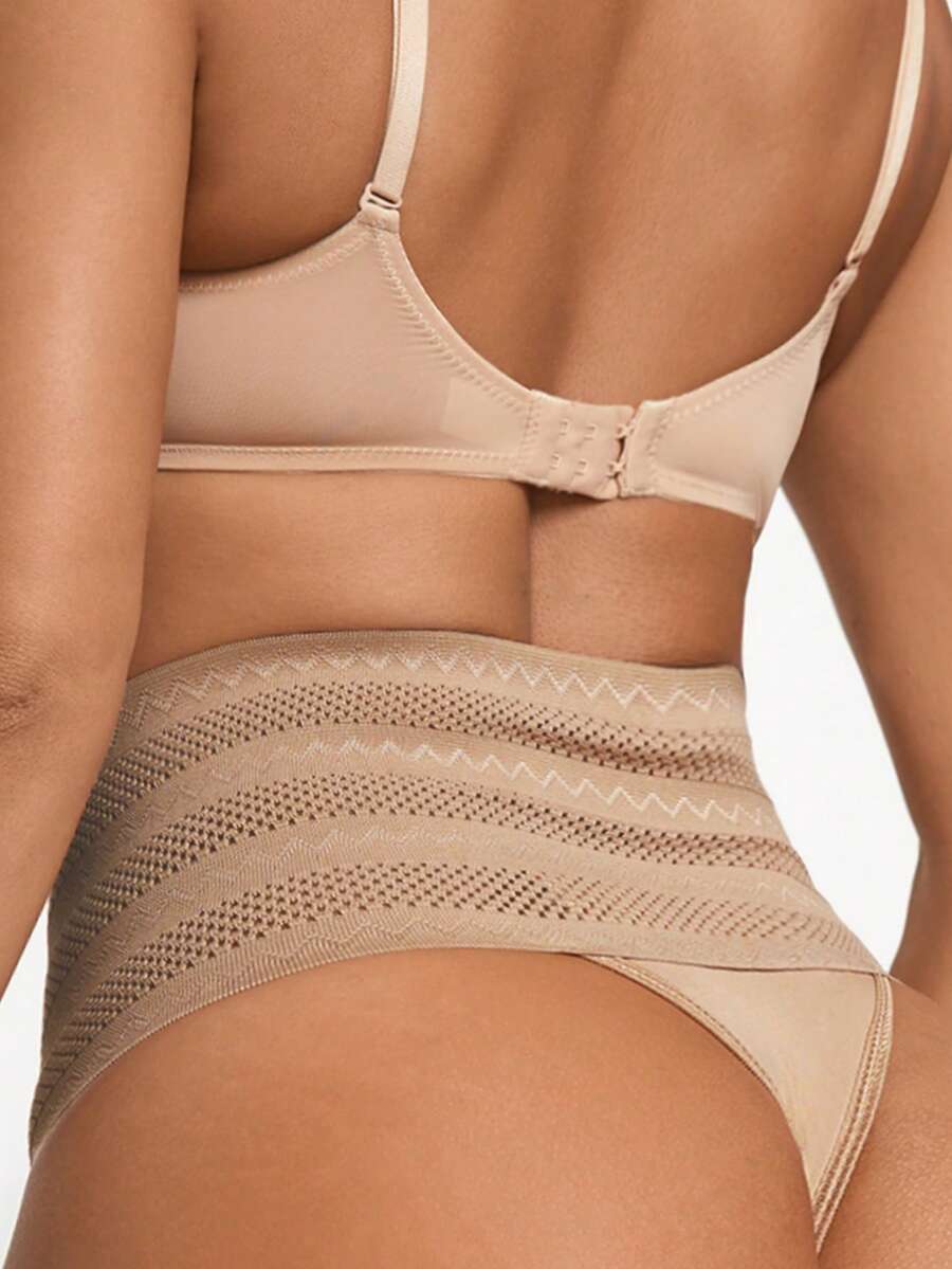 Women's apricot super high waist body shaping briefs featuring ultra light waist support and geometric pattern.