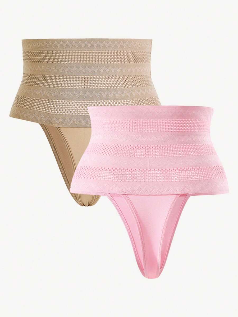 Women's apricot super high waist body shaping briefs featuring ultra light waist support and geometric pattern.