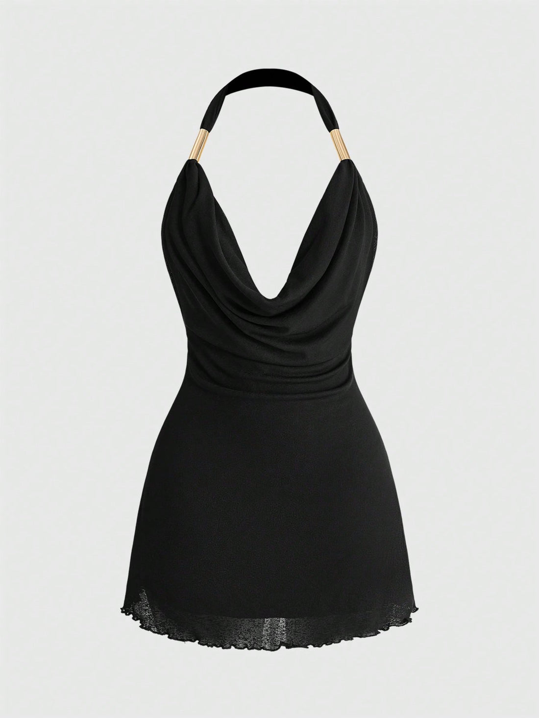 Women's black halter mini dress featuring a draped neck and sleeveless slim fit pencil silhouette.