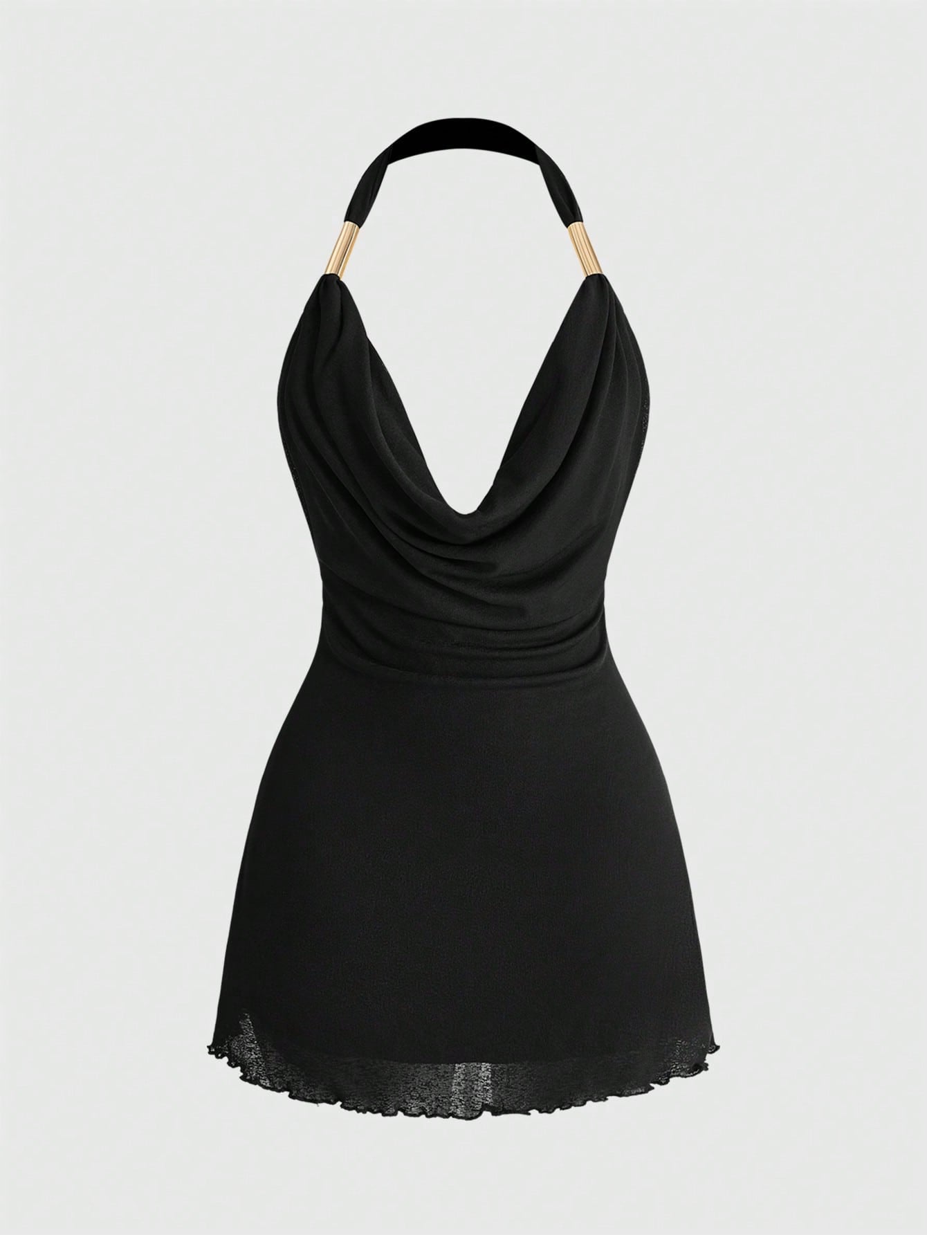 Women's black halter mini dress featuring a draped neck and sleeveless slim fit pencil silhouette.