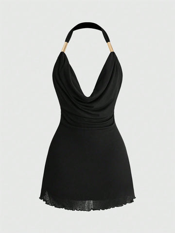 Women's black halter mini dress featuring a draped neck and sleeveless slim fit pencil silhouette.