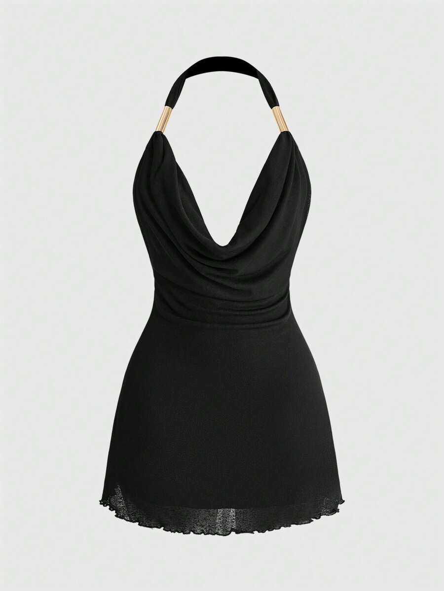 Women's black halter mini dress featuring a draped neck and sleeveless slim fit pencil silhouette.