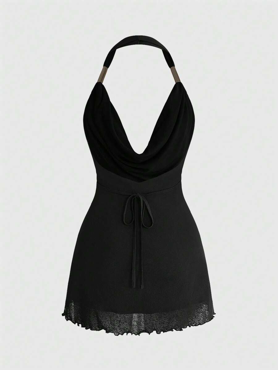 Women's black halter mini dress featuring a draped neck and sleeveless slim fit pencil silhouette.