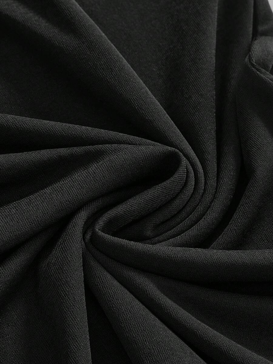Women's black halter mini dress featuring a draped neck and sleeveless slim fit pencil silhouette.