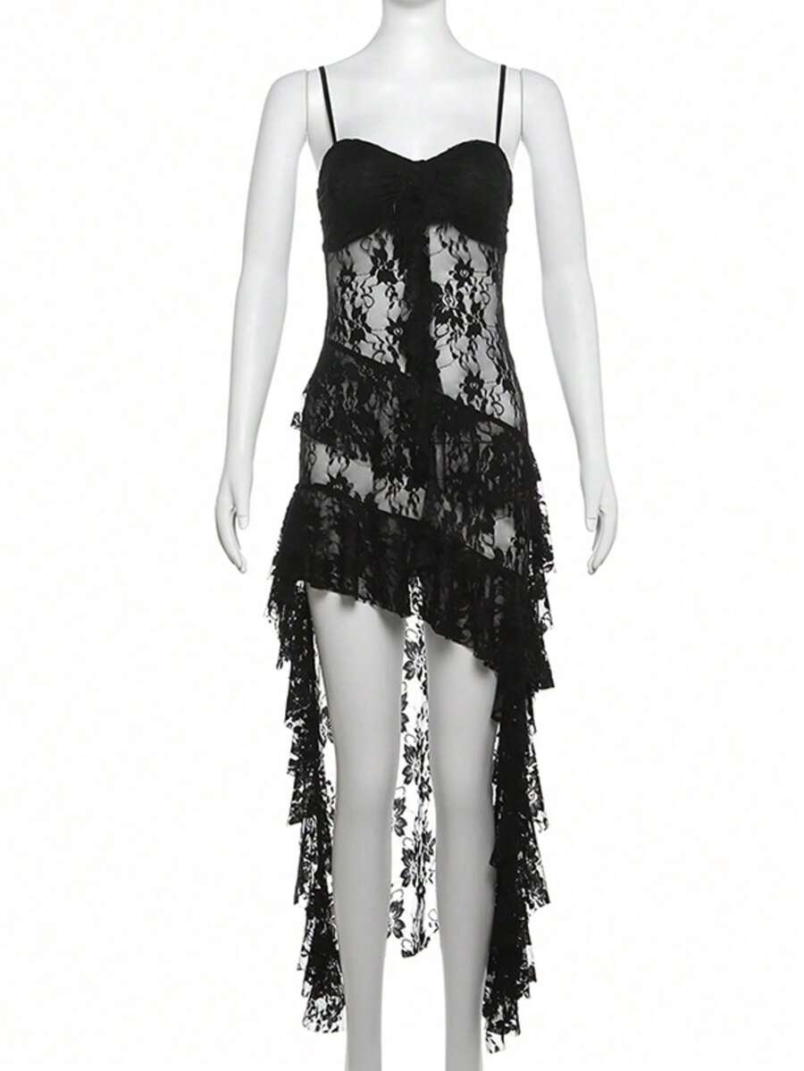 Black sleeveless camisole dress for women featuring contrast lace patchwork details, spaghetti straps, high waist slim fit, and a sheer asymmetrical hem.