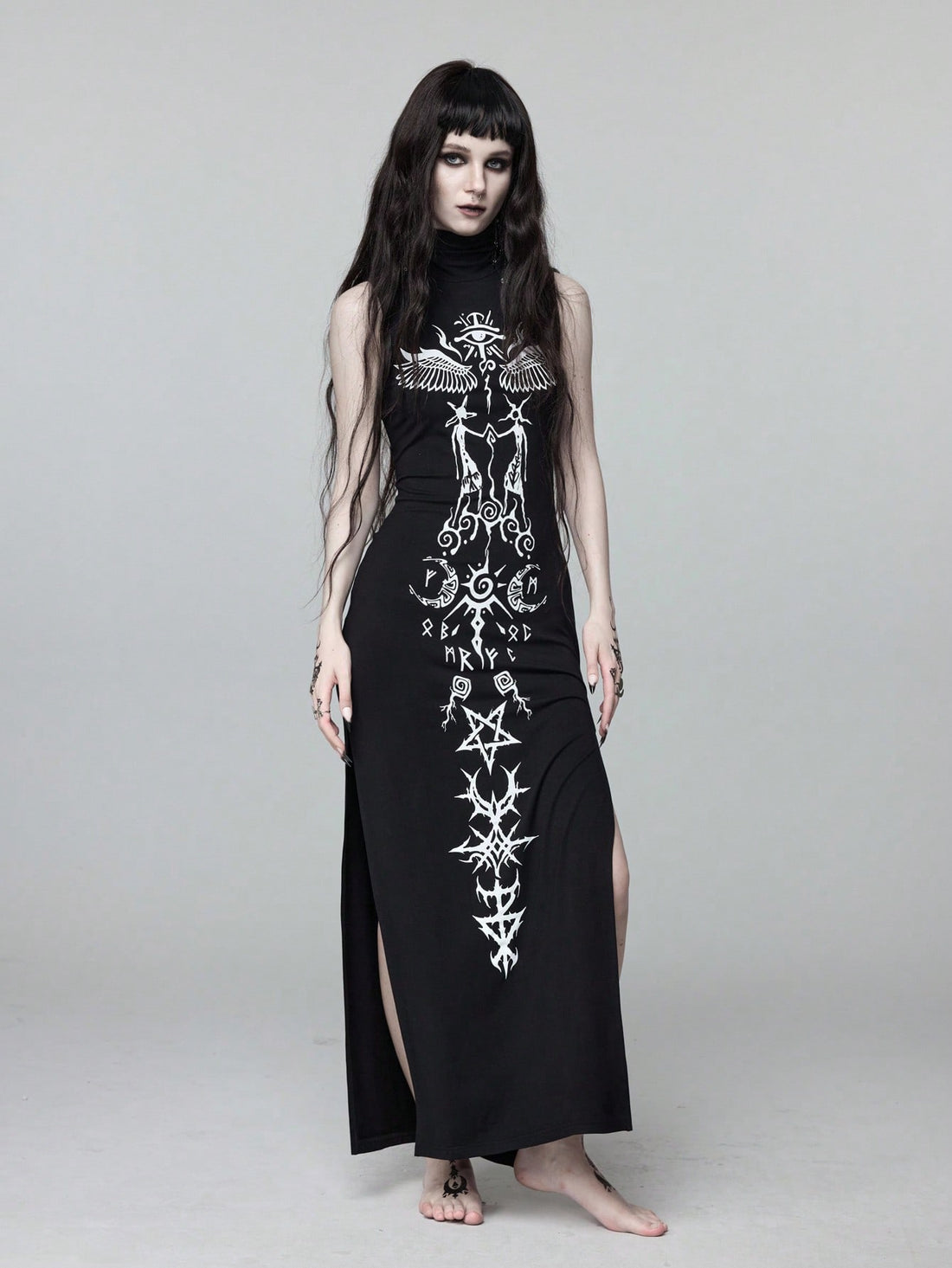 Black sleeveless goth maxi dress for women featuring a high neck pile heap collar, high slit hem, and slim fit bodycon silhouette.