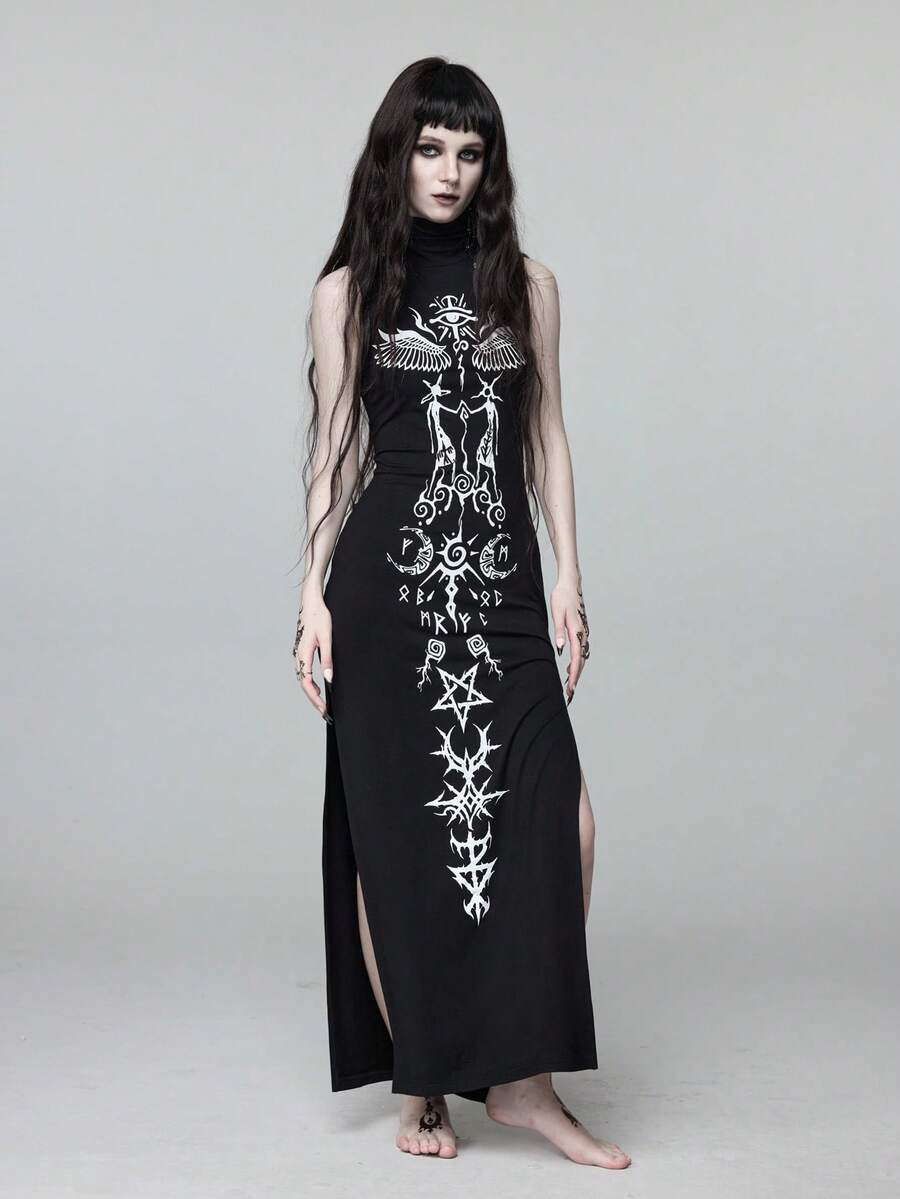 Black sleeveless goth maxi dress for women featuring a high neck pile heap collar, high slit hem, and slim fit bodycon silhouette.
