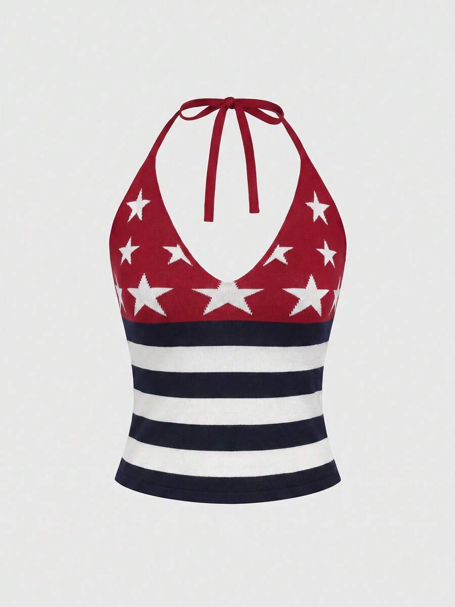 An apricot backless halter knit crop top featuring an American flag print, tied with a back knot, styled for Independence Day and casual fashion.