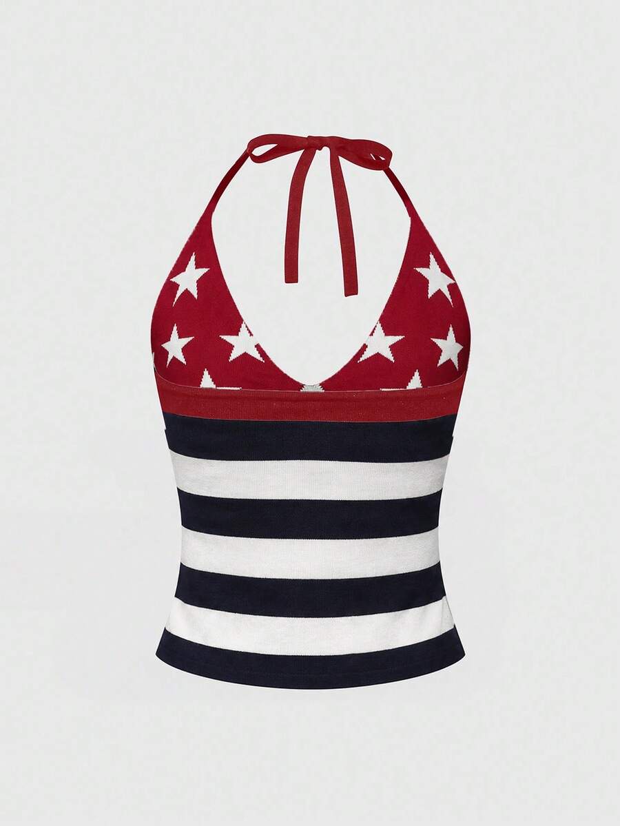 An apricot backless halter knit crop top featuring an American flag print, tied with a back knot, styled for Independence Day and casual fashion.