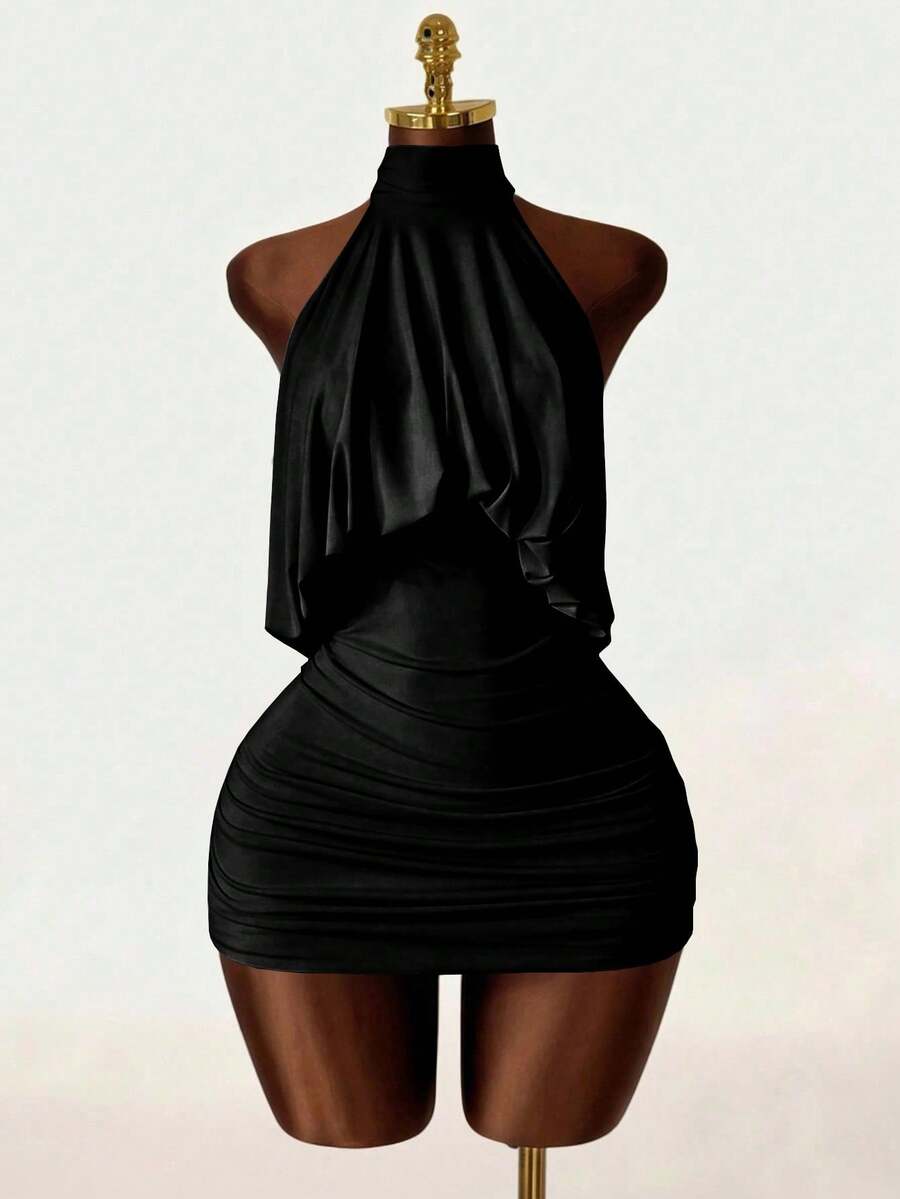 Women's black halter neck ruched bodycon mini dress featuring a sleeveless slim fit cut in knitted fabric.