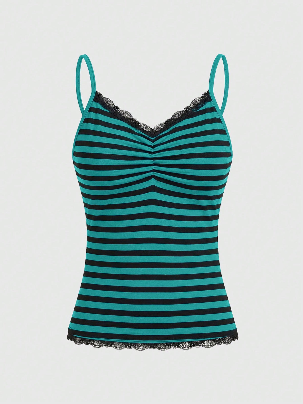 Burgundy and black striped lace trim camisole with spaghetti straps and ruched rib-knit detail.