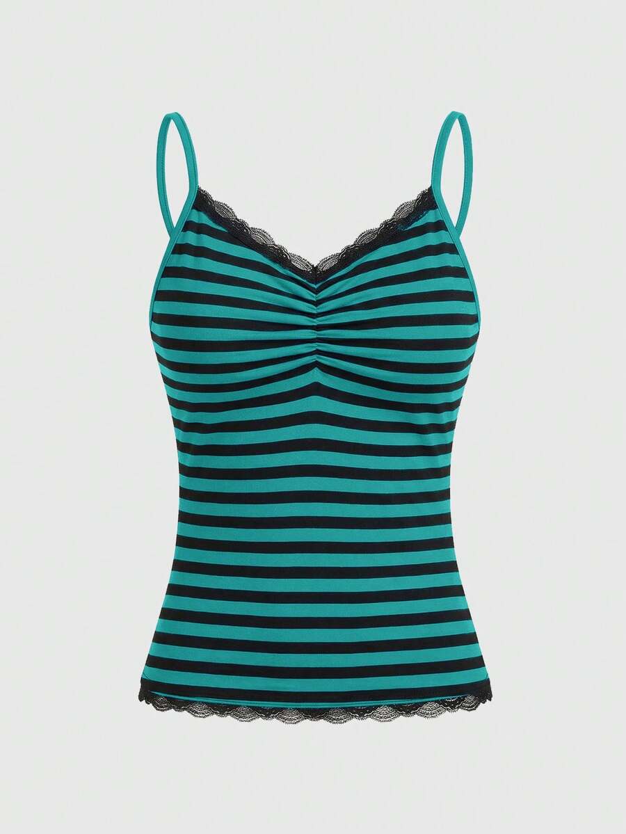 Burgundy and black striped lace trim camisole with spaghetti straps and ruched rib-knit detail.