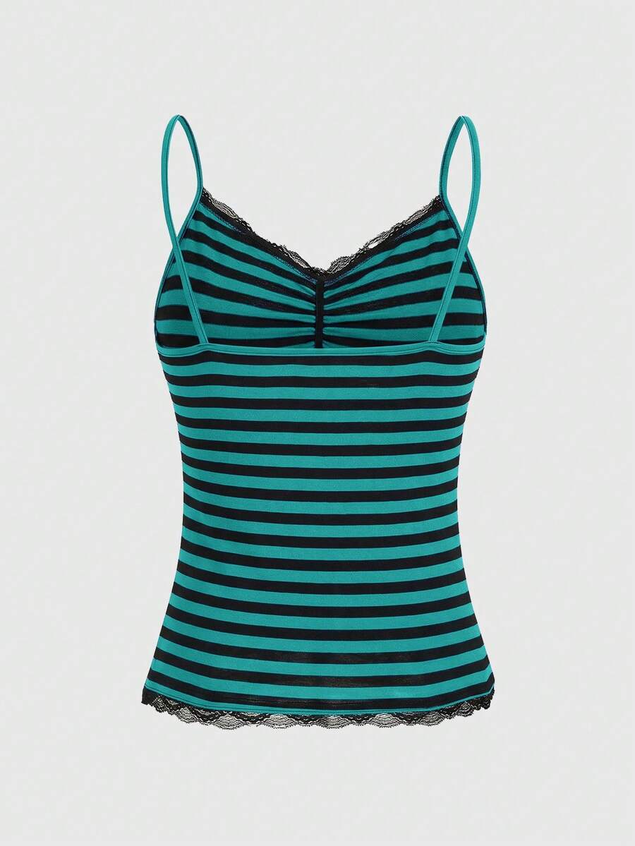 Burgundy and black striped lace trim camisole with spaghetti straps and ruched rib-knit detail.