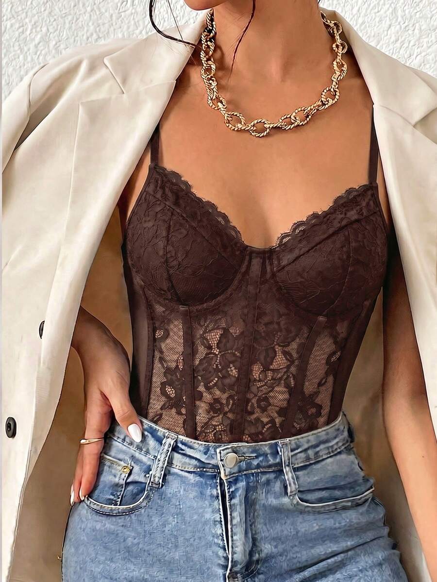 Apricot lace patchwork bodysuit for women featuring contrast corset detailing and spaghetti straps.