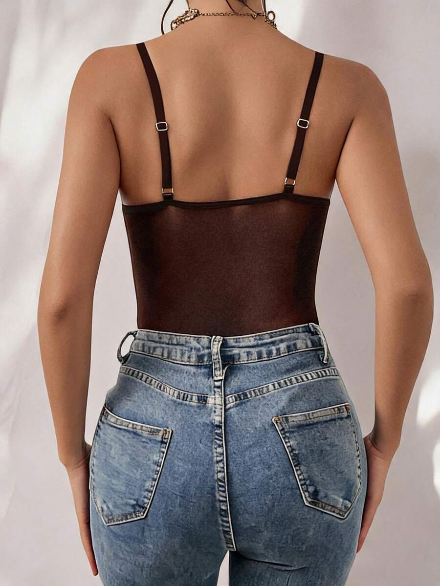Apricot lace patchwork bodysuit for women featuring contrast corset detailing and spaghetti straps.