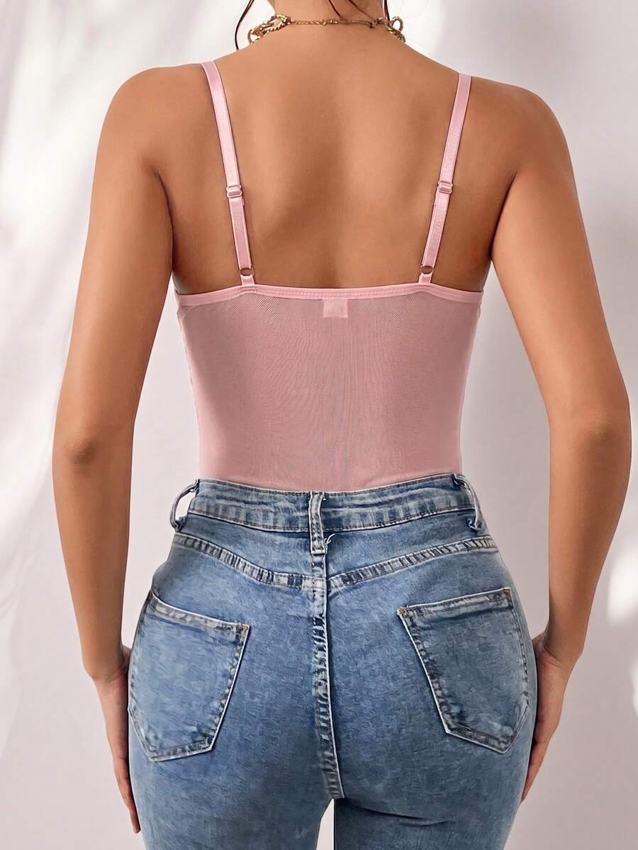 Apricot lace patchwork bodysuit for women featuring contrast corset detailing and spaghetti straps.