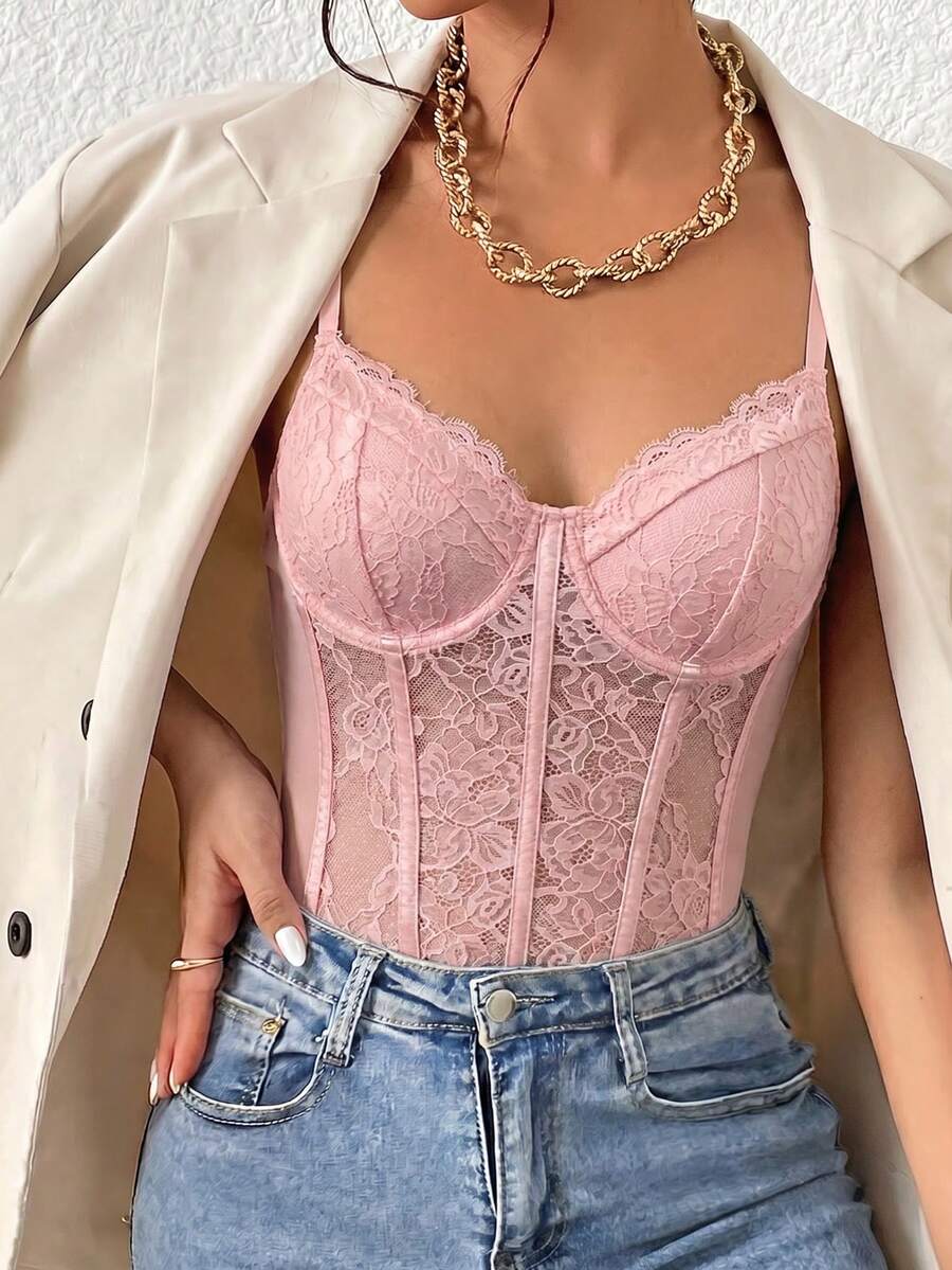 Apricot lace patchwork bodysuit for women featuring contrast corset detailing and spaghetti straps.