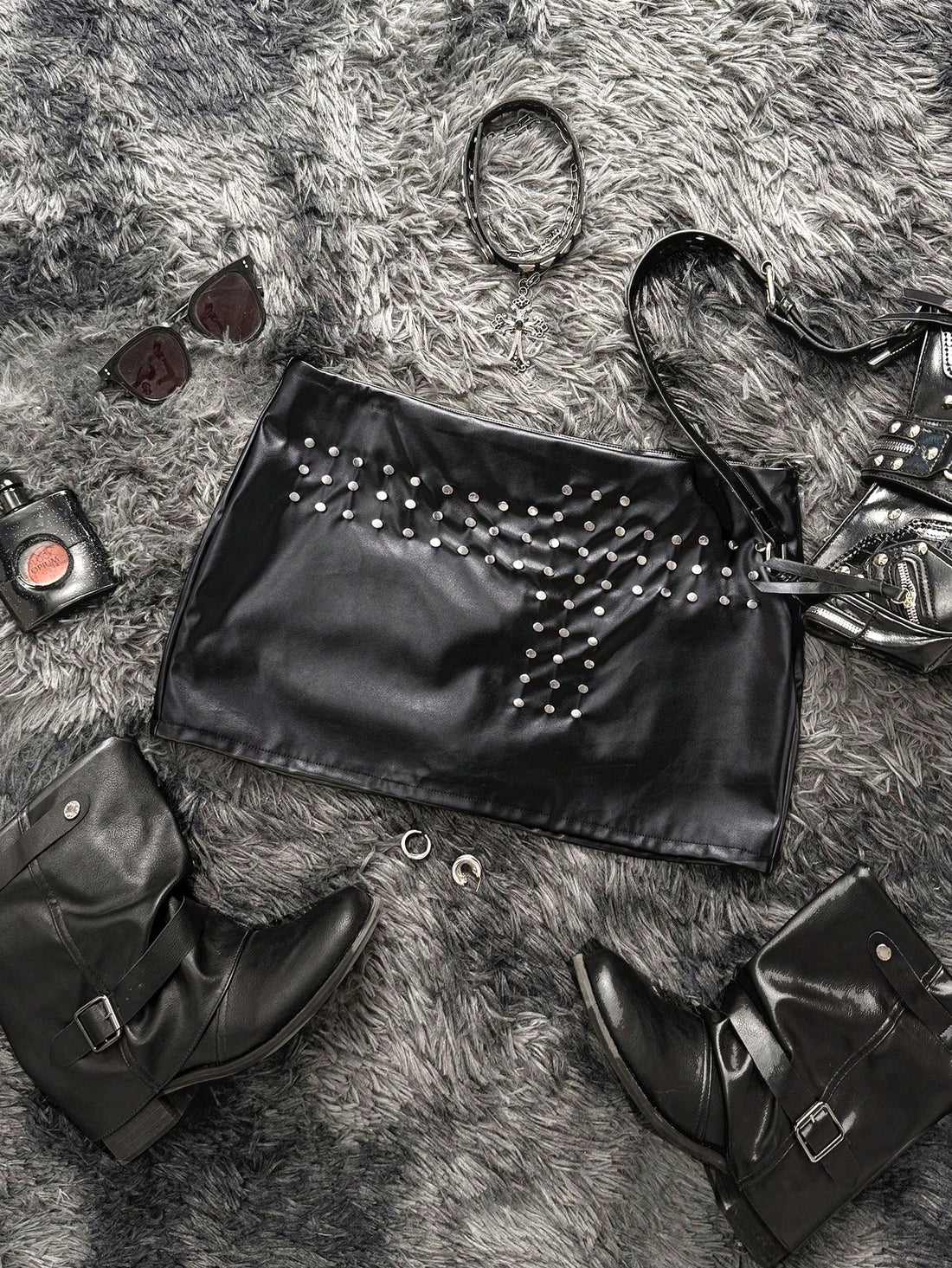 Women's black studded PU leather low waist bodycon mini skirt