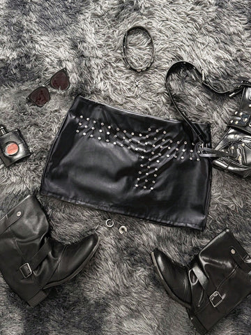 Women's black studded PU leather low waist bodycon mini skirt