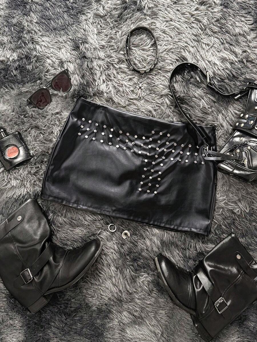 Women's black studded PU leather low waist bodycon mini skirt
